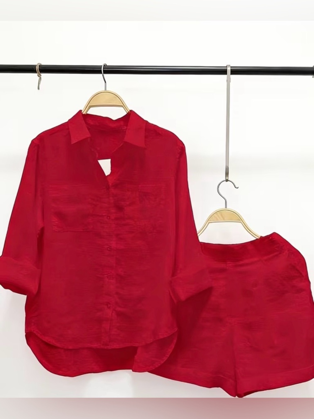 Red Silk Button-Up Shirt and Shorts Set